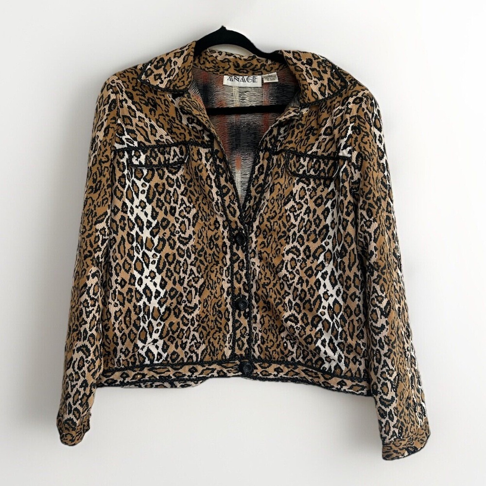 Vintage 80s 90s Anage Leopard Print Button Front Jacket L Beaded Collared